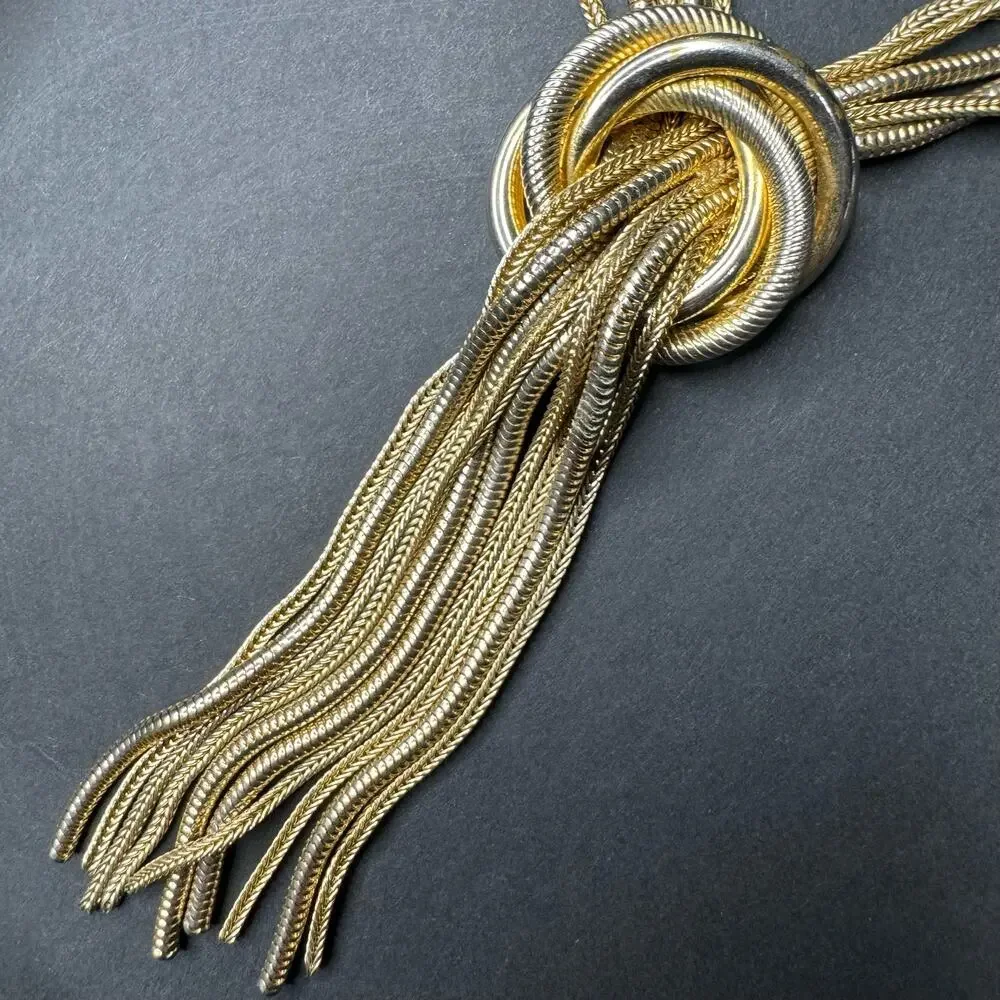 Vintage 60s Designer Costume Mulit Chain Knot Necklace Tassel Jewelry Unsigned